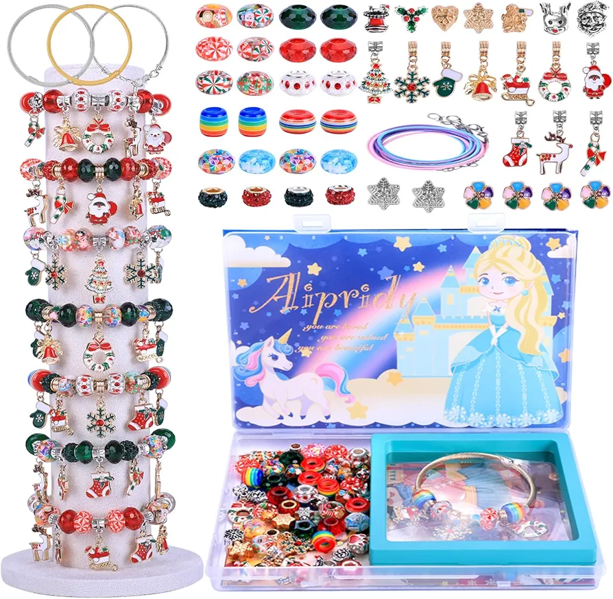 AIPRIDY Charm Bracelet Making Kit,Unicorn Mermaid Crafts Gifts Set Can Inspires Imagination and Creativity,Jewelry Making Kit Perfect Gifts for Girls 5-12 Years Old (60 PCS Siam & Emerald)
