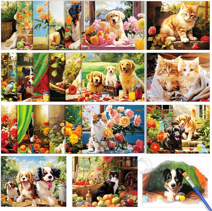 ZOIIWA 48pcs Dementia Products for Elderly Reusable Water Painting Toys Pet Dog Cat Dementia Activities for Adults Seniors Dementia Water Doodle Coloring Set Painting Brush Drawing Craft Gifts