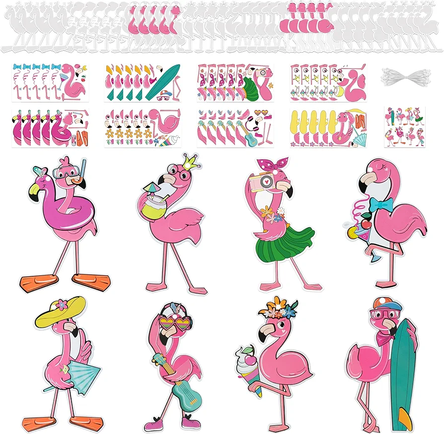 3sscha 40 Packs Summer Flamingo Craft Kit for Kids - Make Your Own Pink Hawaii Summer Beach Card DIY Self-Adhesive Sticker Handmade Art Project Decoration Classroom Home Activity Gift Party Favor