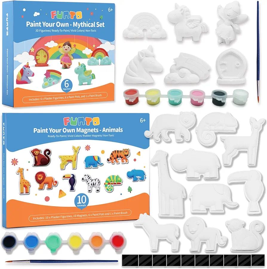 Funto Paint Your Own Unicorn and Animal, 16 Figurines Arts and Crafts Set for Kids, Ceramics to Paint, STEAM Projects Creative Activity DIY Toys Gift for Boys & Girls Age 3+, with Paint & Brushes