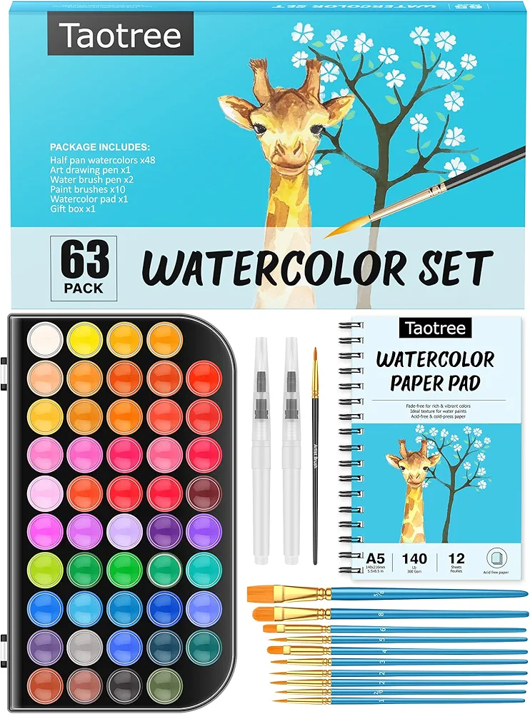 Watercolor Paint Set, 48 Colors Watercolors Painting Kit Washable Water Colors with 10 Paint Brushes, Brush Pen, Palette, Drawing Pad, Arts Crafts Painting Supplies Art Set for Kids Adults Artist