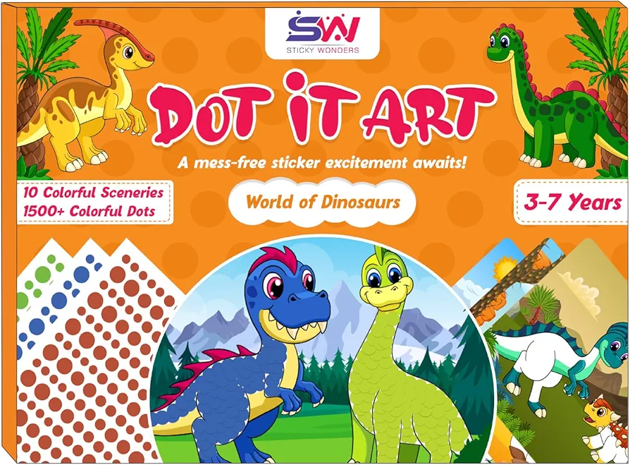 Sticky Wonders World of Dinosaurs Sticker Dot Art Activity Kit for Kids - 10 Colorful Scenes for Creative Fun, Ideal for Girls & Boys Ages 3 4 5 6 7, Mess-Free Craft Activity