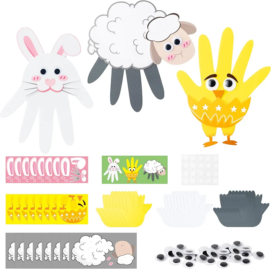 WATINC Animals Handprint Crafts Kits - 24Pcs Cute Bunny Chick Sheep Foam Crafts, Make Your Own Handprint Handicraft Decoration， DIY Animals Theme Party Classroom Fun Activities Decor for Kids