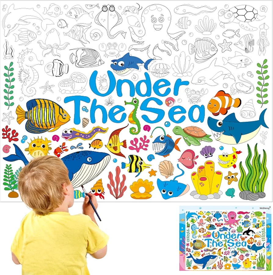 MoShining Ocean Sea Animals Giant Coloring Poster for Kids Under The Sea Crafts Activity Wall Doodle Art Coloring Paper Poster Banner for Home Classroom Party Supplies Favors Gifts Goodie Bags Decor