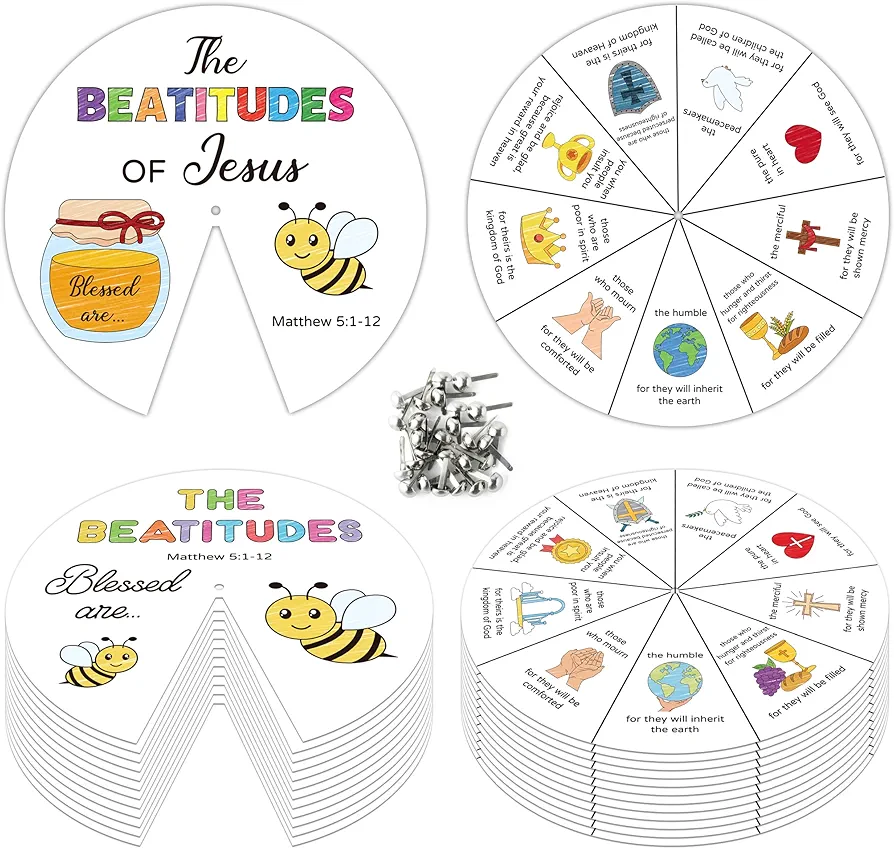 COcnny Beatitudes Christian Craft for Kids, 24Sets Religious Coloring Wheel Card, Color Your Own Jesus Art Kit, Biblical Bee DIY Crafts for Sunday School Classroom Church Activities VBS Supplies