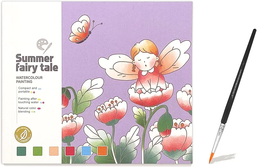 ZAKVOOR Watercolor Painting Book for Kids and Toddlers, Pocket Cartoon Watercolor Graffiti Paper Book with Paint Palette and Brush, Art Craft Gift for Drawing (Fairy Tale)