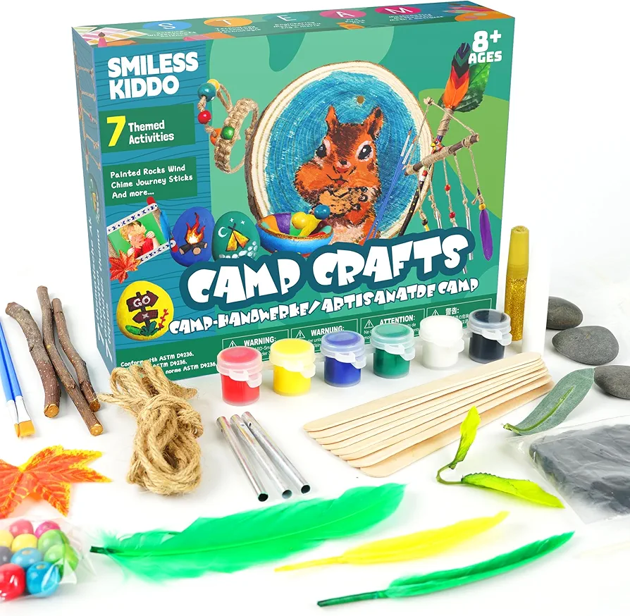 SMILESSKIDDO Camping Craft for Kids - Cool Camping Stuff for Kids Including Rock Painting,Wood Painting,Wind Chime Kit - Summer Crafts for Kids Ages 4-8,7 Activities Create 12 Arts and Crafts Projects
