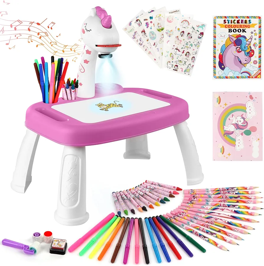 Unicorn Drawing Projector, Arts and Crafts for Girls, Contains Drawing Board with Music, Watercolor Pens, Pencils, Crayons, Scrapbook, Sticker Book, Unicorn Stickers, Stamps, Toys for Girls Age 3+
