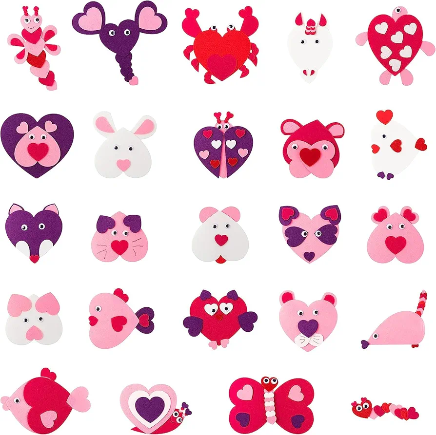 Haooryx 24Pcs Valentine's Day DIY Craft Kit Felt Heart Animals Art Craft Set with Rabbit Pig Unicorn Mouse Monkey Butterfly Creative Decorations for Kid Valentines Game Activity Party Supplies