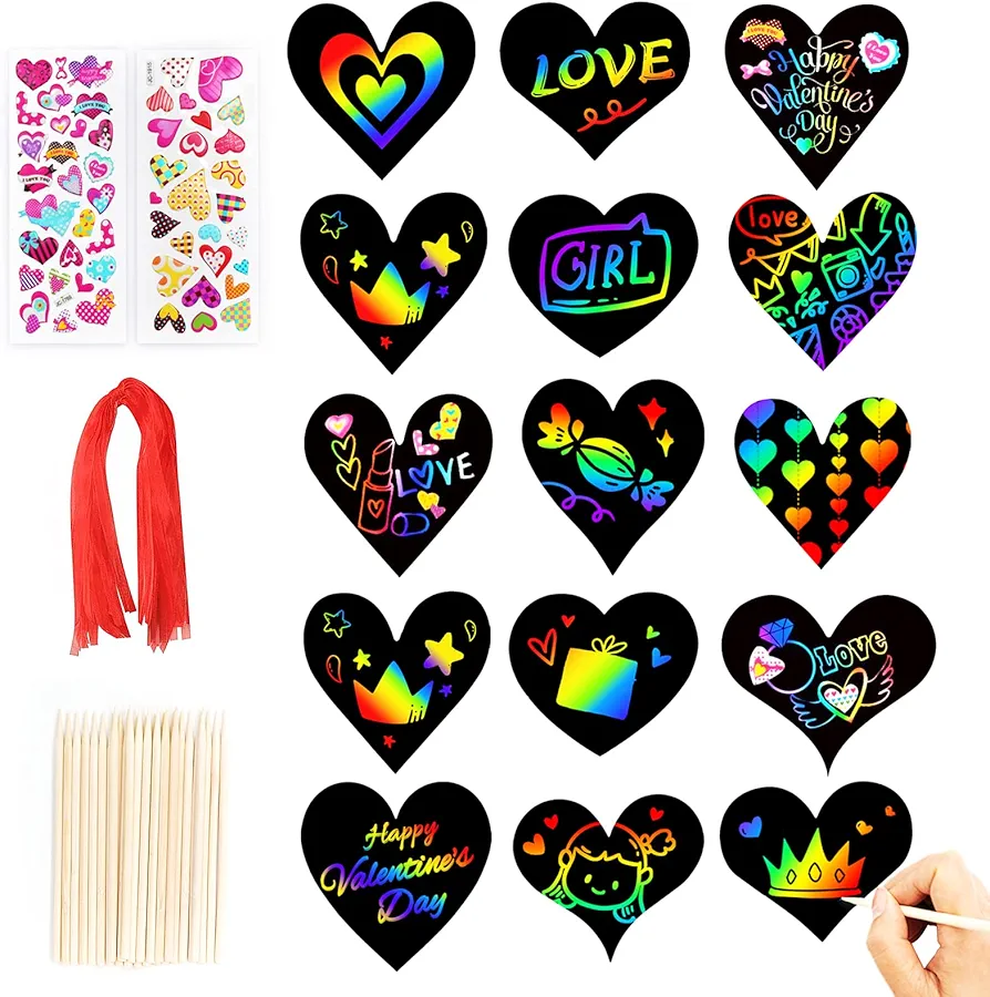 28 Pieces Valentines Crafts for Kids,Rainbow Scratch Paper Ornaments,Heart Shape Scratch Craft Art Kit for Class Valentines DIY Art Activity,School Valentines Day Gifts for Kids