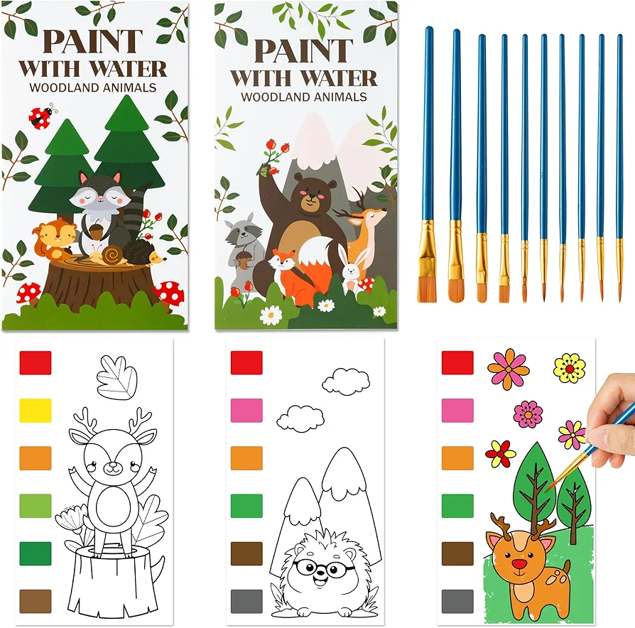 Paint with Water Coloring Books for Kids - Woodland Animals Water Coloring Book for Toddlers Travel, Pocket Mess Free Watercolor Painting Books with Brushes Art Craft for Age 3-8 Years Boys Girls