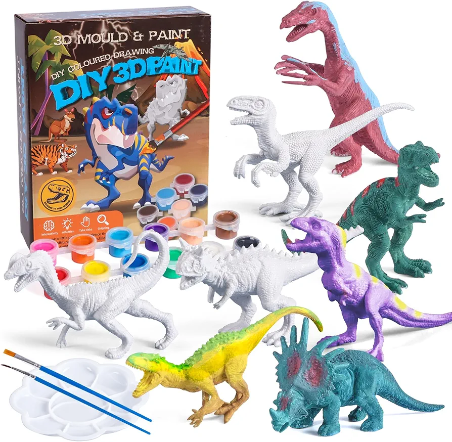 Dinosaur Toy Art Crafts Set for Kids, 8 Dinosaur Figurines Painting Kit, DIY Creative Dinosaur Toys for 3-6 Boys & Girls