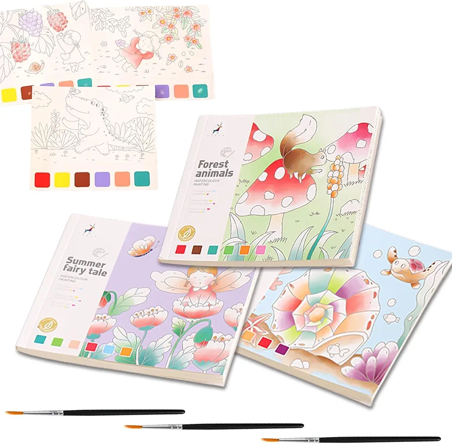Watercolor Coloring Books 3 Pack 60 Sheet for Kids Toddlers, Mess-Free Pocket Cartoon Painting Graffiti Paper Bookmarks, Arts Crafts Drawing for Girls Boys, Party favors, Travel Activities 5.9*5.1inch