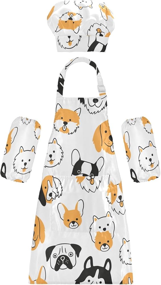 Dogs Corgi Chihuahua Kids Apron And Chef Hat Set for Boys Girls Cooking Adjustable Aprons Toddler Child Apron with Pocket Waterproof Chef Art Gardening Apron for Crafting Painting Baking