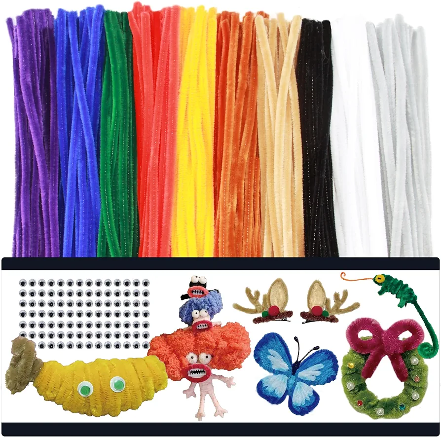 Upgraded 100PCS 10 Colorful Colors Pipe Cleaners Chenille Stems Bulk DIY Art Supplies Craft Bonus Googly Eyes Thicker Long Fuzzy Sticks Wires for Adults and Toddlers