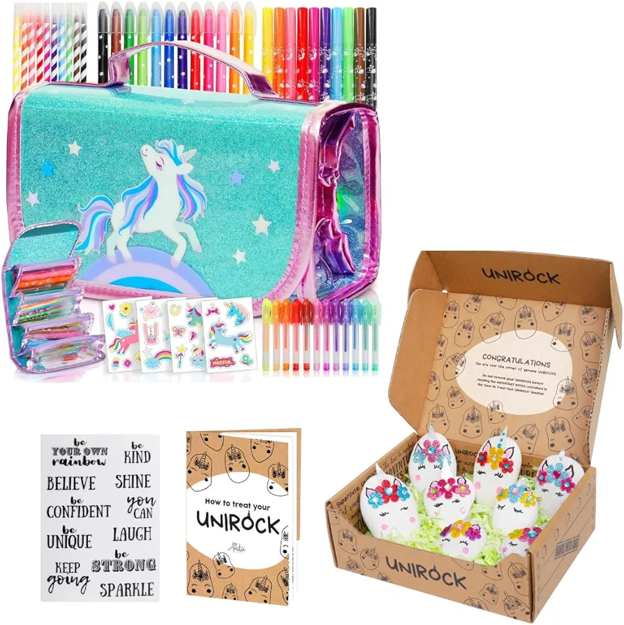 Amitié Lane Arts & Crafts Gift Set - Unicorn Rock Decorating Craft Kit Plus A Scented Markers Set - Unicorns Gifts for Girls - Girl Gifts For 5 Year Old & Ages 6 7 8-10