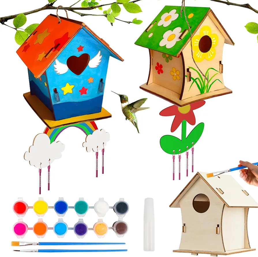 BELLOCHIDDO Bird House Kits for Kids Ages 4-8 - DIY Wooden Birdhouse Kit for Kids to Build and Paint,Bird House Kit Craft Includes Paints & Brushes - Bird House Kits Craft for Kids Ages 8-12(2 Pack)