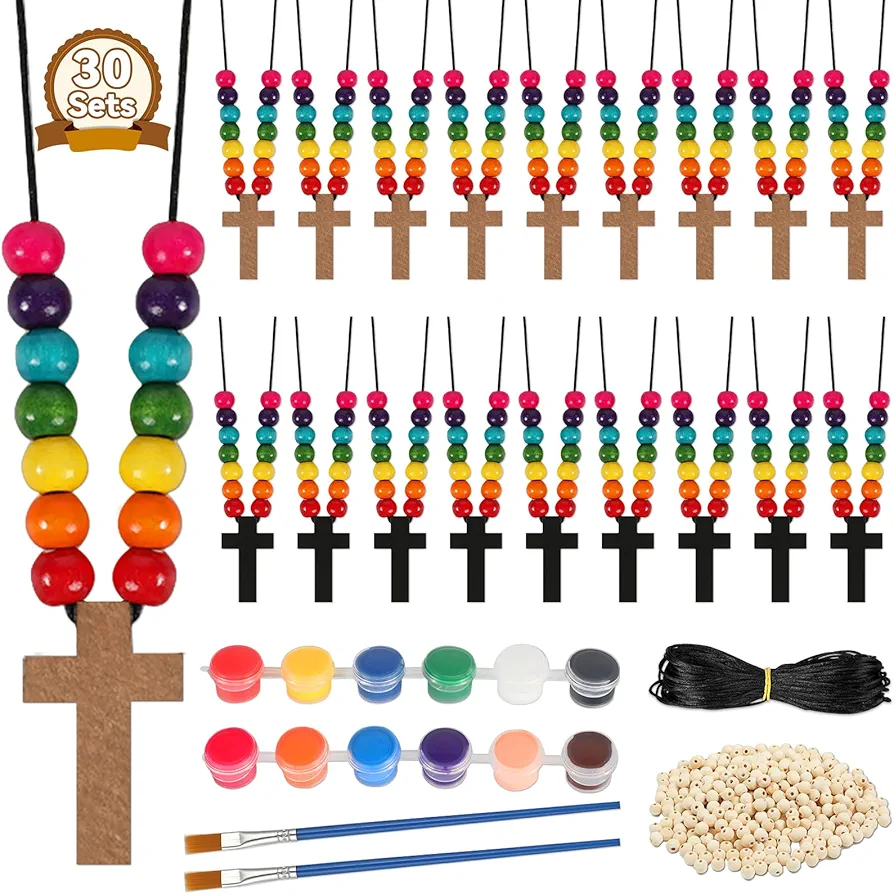 Qyeahkj 30 Pack Wood Cross Necklace Christian Sunday School Jesus Craft Kit for Kid Bulk 500+ Coloring You Own Cross Beads Ornaments DIY Wooden Painting Cross Necklace for Boy Girl Crafts Favor