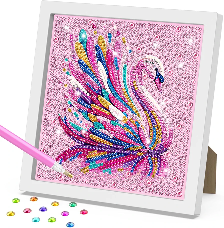 RICUVED Animal Diamond Art Kits for Kids with Frame, Colorful Swan Diamond Art for Kids Ages 6-8-12, DIY Easy Kids Gem Art Kit Art and Crafts for Girls & Boys Adult Diamond Art Kits Gift
