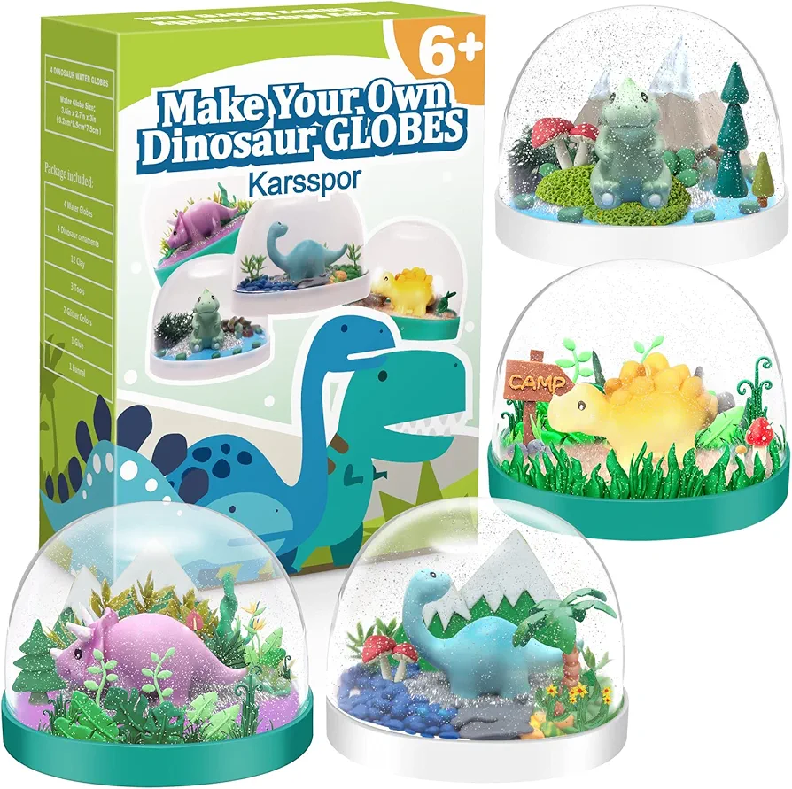 Dinosaur Snow Globe Making Kit, 4 PCS Water Globe Kit with 4 Different Dinosaur Toys, Make Creative Dinosaur Arts and Crafts, Great Gifts for Girls and Boys Ages 4-6-8-12