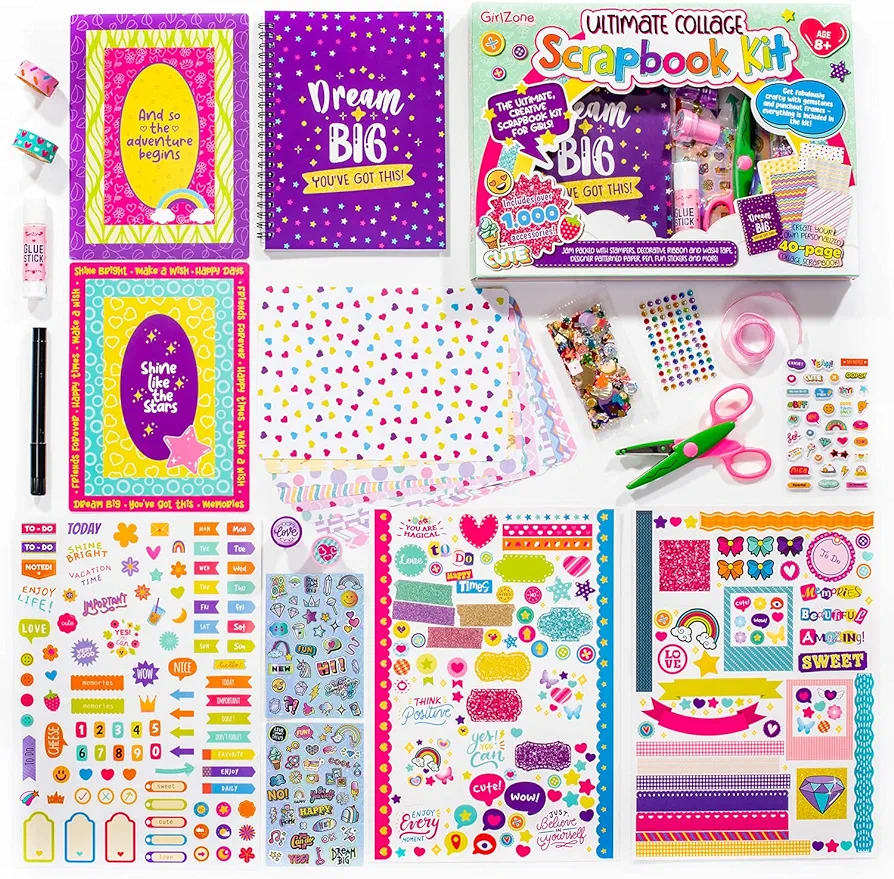GirlZone Ultimate Collage Scrapbook Kit, Make a 40-Page Photo Album Scrapbook with Stickers & More, Fun Kids Creative Activity and Fantastic Gift Idea
