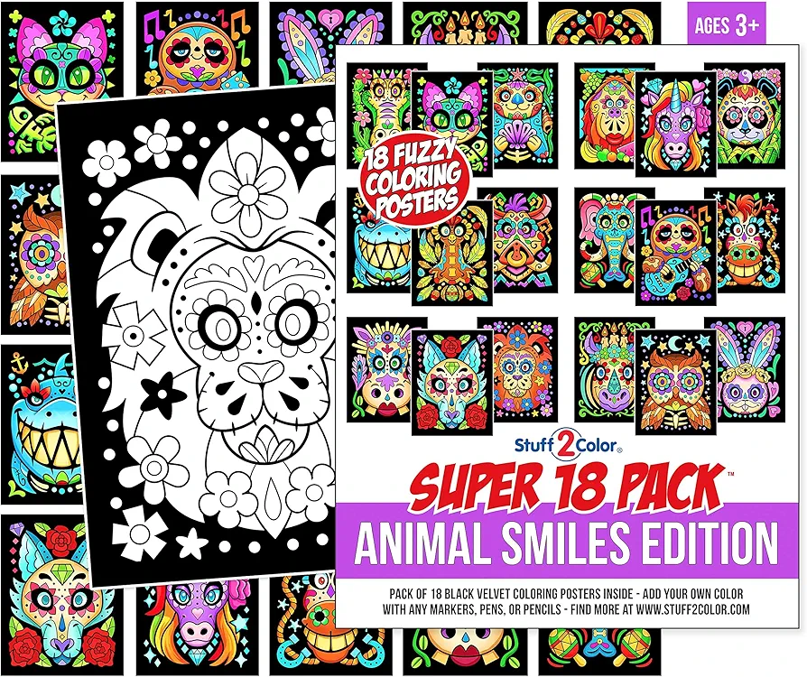 Stuff2Color Super Pack of 18 Fuzzy Velvet Coloring Posters (Animal Smiles) - Arts & Crafts for Girls and Boys - Great for After School, Travel, Planes, Group Activities, and Coloring with Friends