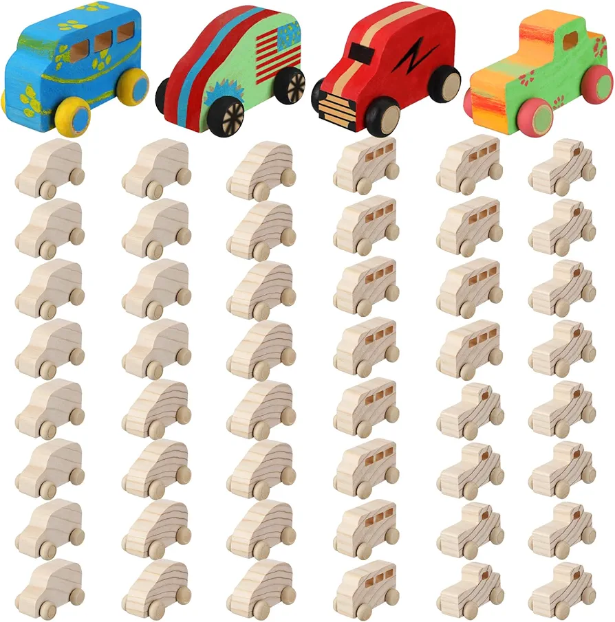 Wettarn 48 Pcs Wood DIY Car Toys, Unfinished Wooden Cars, Paintable Wood Toys, Wooden Crafts for Students Home Activities Craft Projects Easy Woodworking