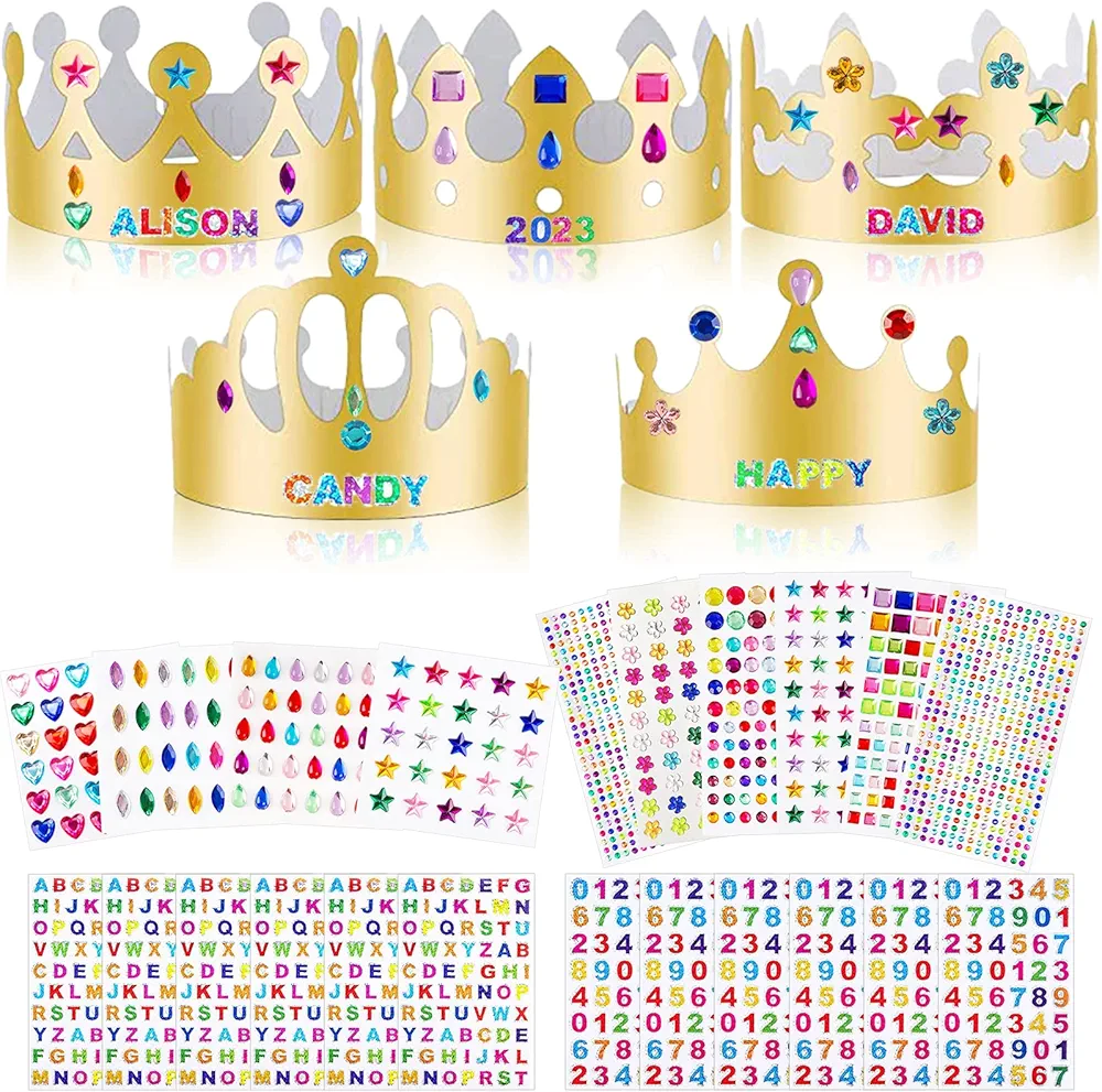 ZYNERY 47 PCS Paper Crown Golden Party Hats with Pieces Gem Stickers Jewels Stickers Rhinestone Numbers Crafts, Crown Party Making Kit and Crystal Stickers Self,DIY Crown Supplies for Kids Adults