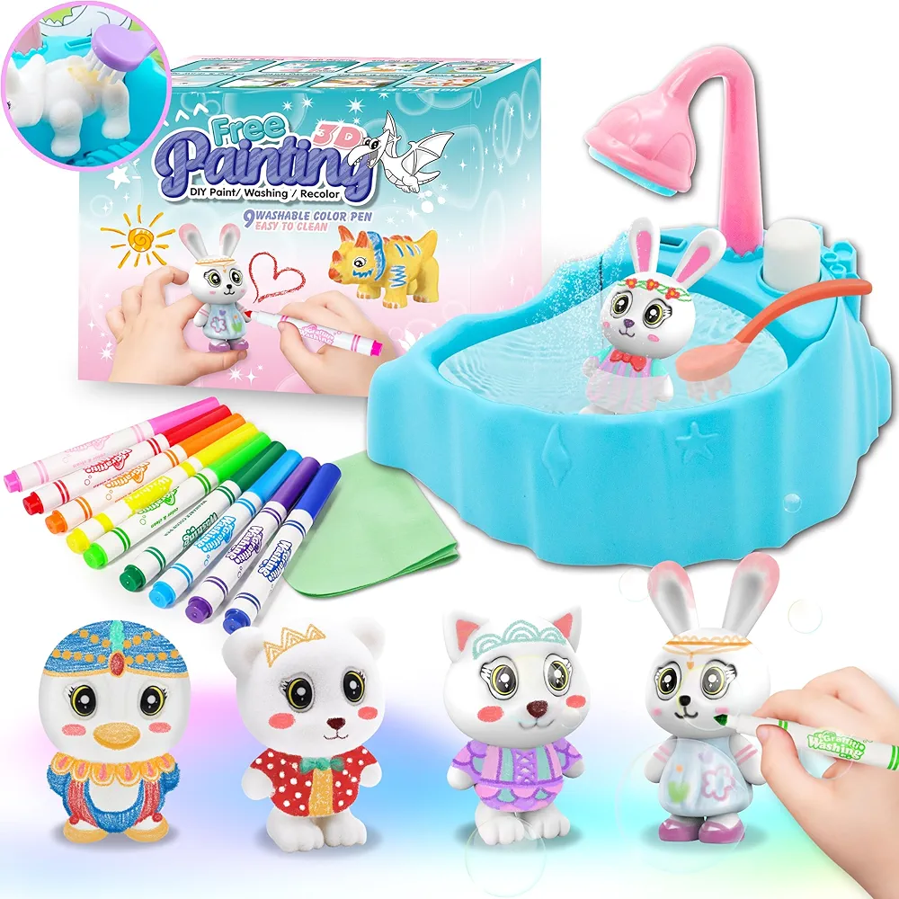 Trubic Kids Pet Washable Recolor Paint Arts and Crafts Toys, Creative DIY Painting Kits Set for Toddlers Kids, Gift for Boys Girls Age 3+ with 4 Figurines, 9 Washable Paint Markers, 1 Brush & 1 Tub