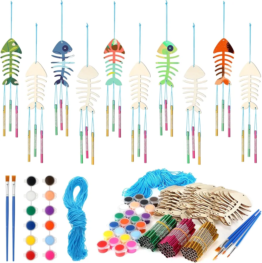 Thyle 32 Set Fishbone Wind Chime Kit DIY Wind Chimes Wood Crafting Kit with 12 Color Paints and Brushes for Birthday Christmas Party Supplies Classroom Activities Home Decorations