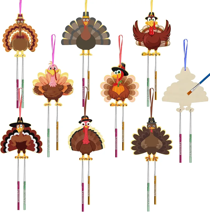 9pcs Thanksgiving Craft Kits for Kids Make Your Own Turkey Wind Chimes Coloring Turkey Themed Craft DIY Hanging Turkey Decor for Child Thanksgiving Art Project Classroom Activity
