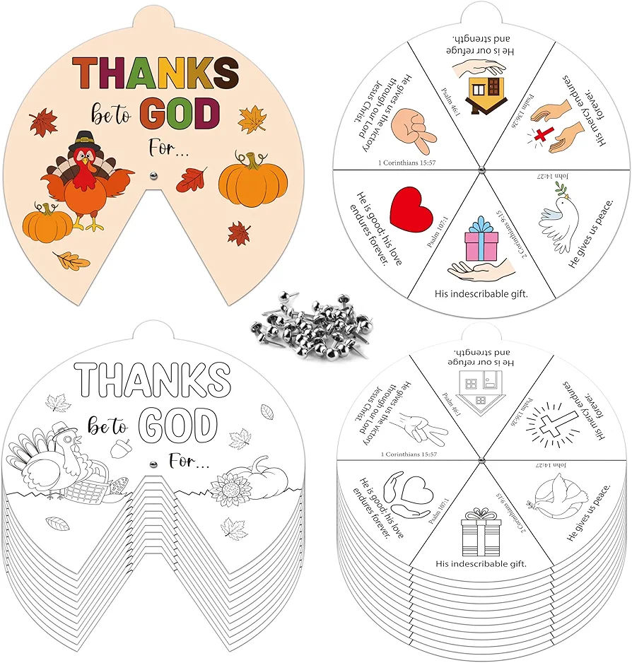 COcnny Fall Thanksgiving Spining Card - 24 Sets Color Your Own Religious Art Coloring Craft for Kids, Autumn Turkey Wheel Kit DIY Craft Art Cards for Sunday School Christian Classroom Home Activities