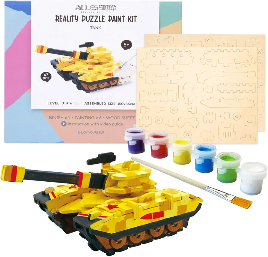 Create + Paint Tank 3D Puzzles for Kids, Girls and Boys Ages 7 8 9 10 11 12 Year Old. Includes Wooden Model Kit, Brush and Paint Supplies. Cool Stem Gift for Kids and Teenage Art Projects