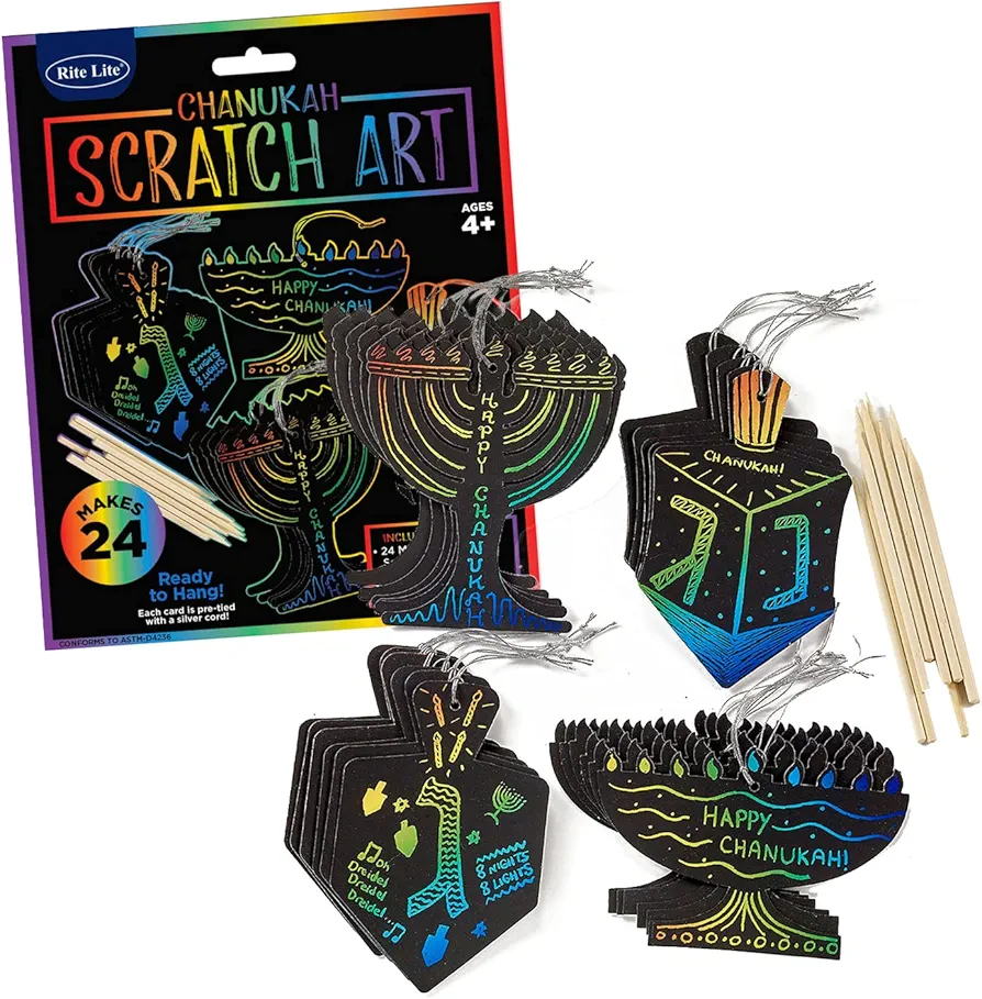 Rite Lite Chanukah Scratch Art, Perfect Hanukkah Gift for Kids, Hanukkah Art Kit, Hanukkah Accessories, Hanukkah Arts and Crafts Kit - Comes with 24 Menorah and Dreidel Cards!