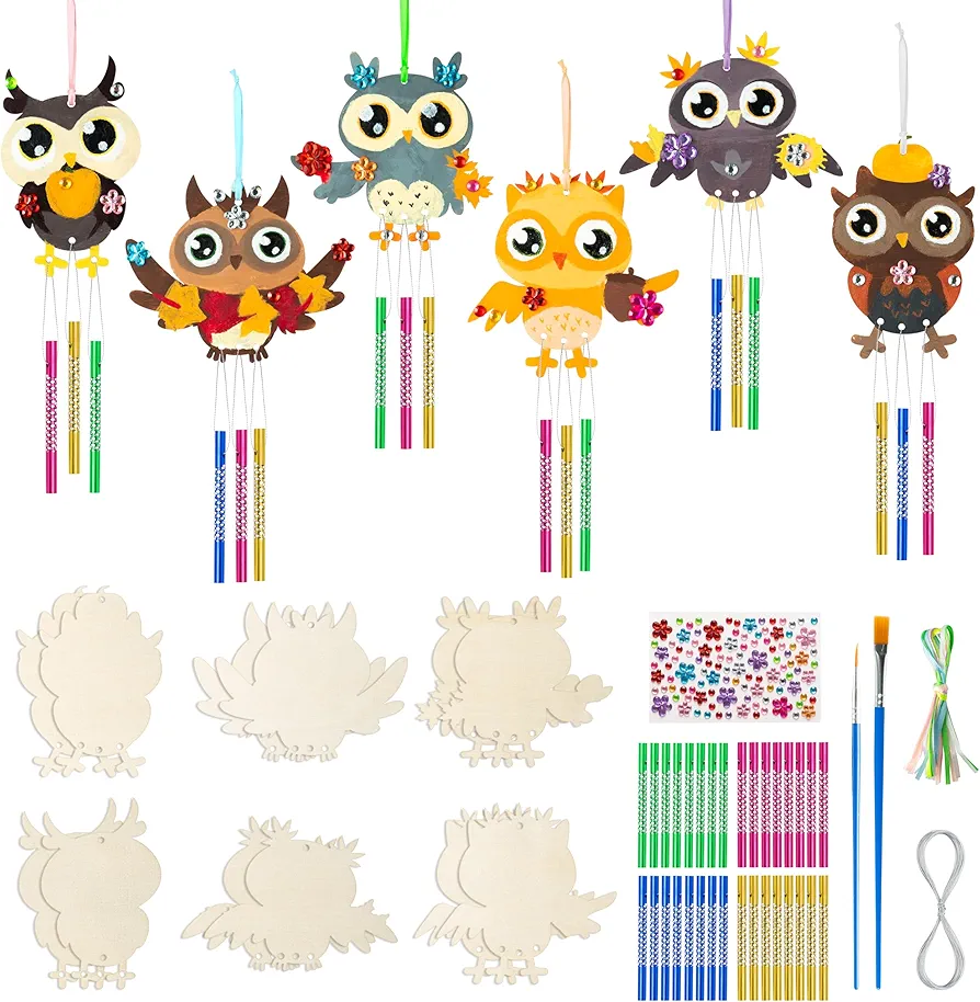 JAPBOR Autumn Wind Chime Kit - 12 Set Fall Owl WindChimes Crafts for Kids, DIY Make Your Own Wooden Wind Chimes Hanging Ornament Decoration, Coloring Paint Birds Arts for Boys Girls Thanksgiving Day