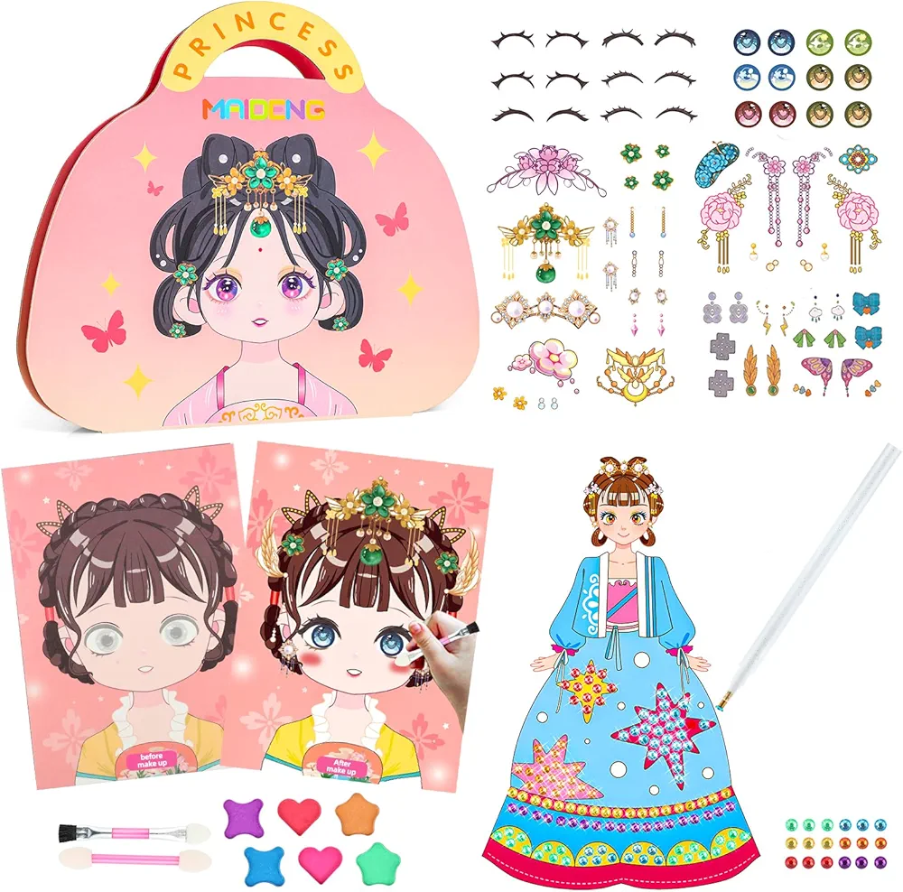 3 In 1 Art Craft Activity for Kids, Paper Craft Kits - Paper Dolls Makeup Girls Toy with Diamond Painting & Princess Dress Up Stickers, Ideal Birthday Gift for Girls Ages 4 5 6 7 8 9+ Year Old