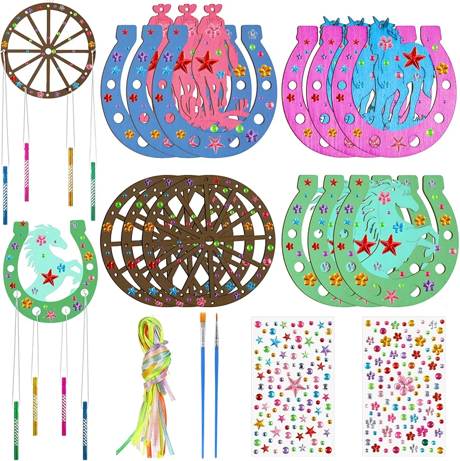 24 Sets Western Crafts Kits Wooden Horseshoe DIY Wind Chimes Coloring Wagon Wheel Crafts Diamond Stickers Painting Pens for Cowboys Cowgirls Party Make Your Own Craft Art Activity Supplies