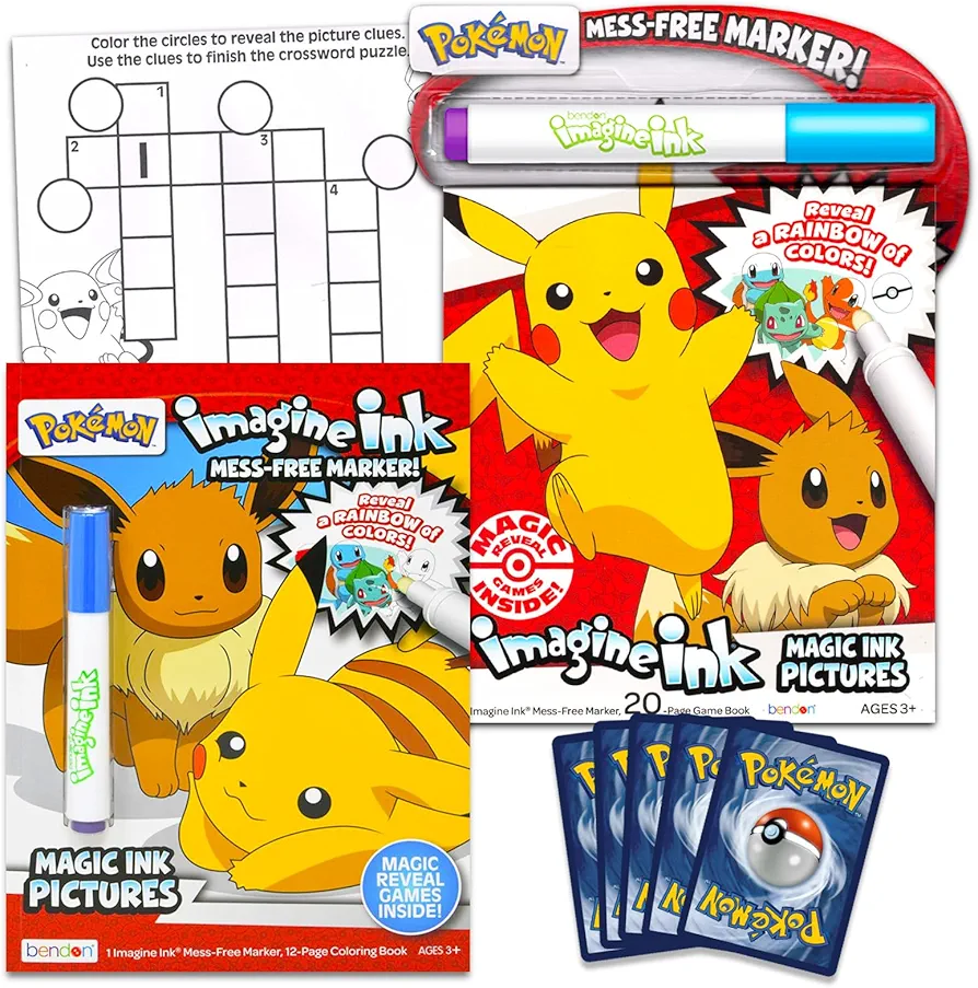 Pokemon Mess-Free Coloring Book - Bundle with 2 Imagine Ink Coloring Books with Invisible Ink Pens, Pokemon Cards, More| Pikachu No Mess Coloring Book