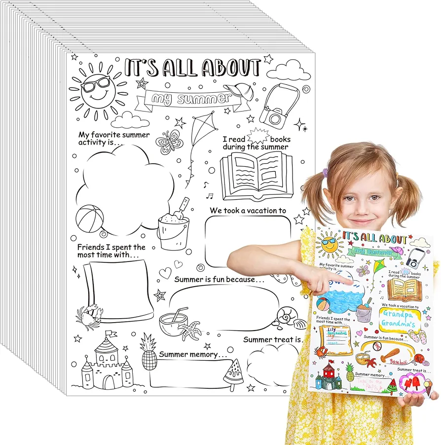 Resurhang 50 Pcs Summer Coloring Poster for Kids, All About My Summer Posters for Classroom Color Your Own About Summer Coloring Posters Home School Birthday Party Activity Supplies