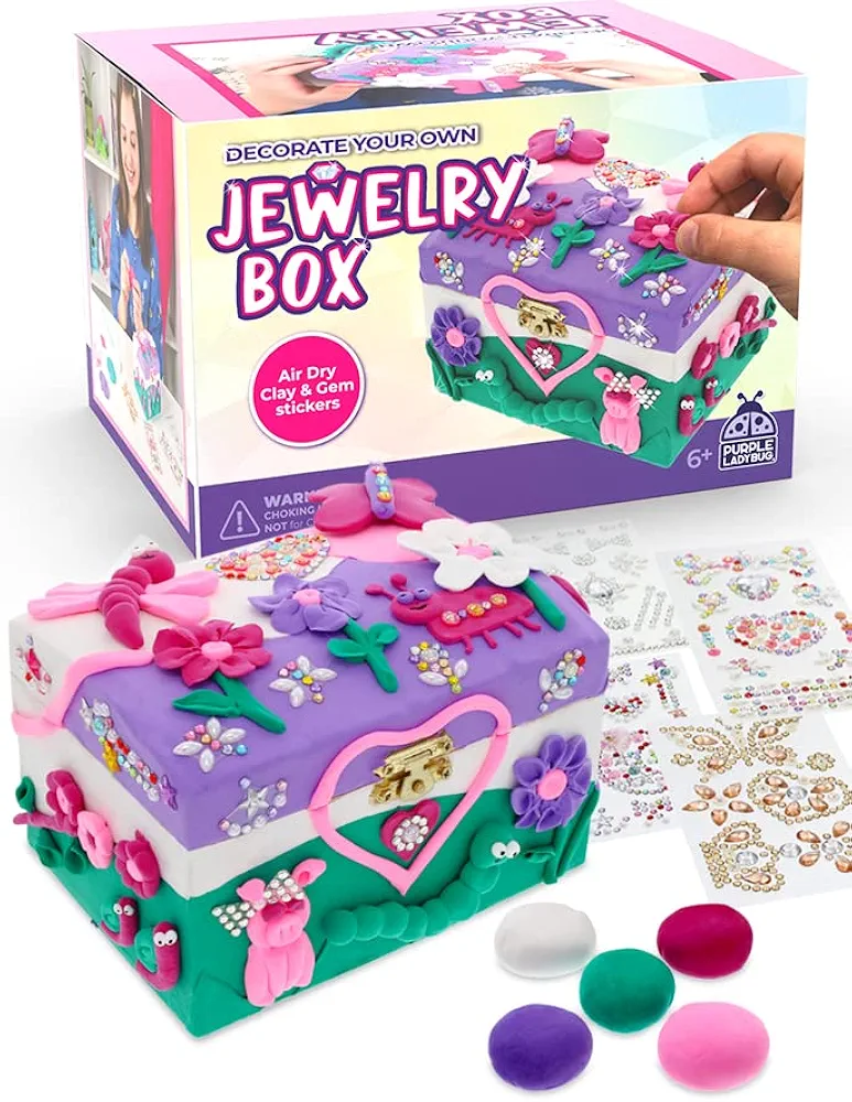 Design Your Own Jewelry Box Kids Craft Kit with Clay & Gems Stickers - Fun Easter Basket Stuffers - DIY Girls Jewelry Boxes Ages 8-12 & Arts and Crafts for Kids Ages 6-8 Girls