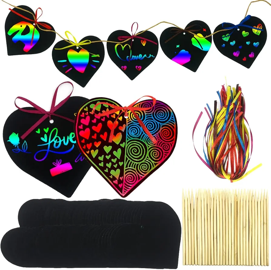 Valentines Day Scratch Paper 96 Pieces Art Rainbow Heart-shaped Scratch Craft Art with Wooden Styluses and Ribbons for Kids Decorative Arts and Crafts Valentine's Day Wedding