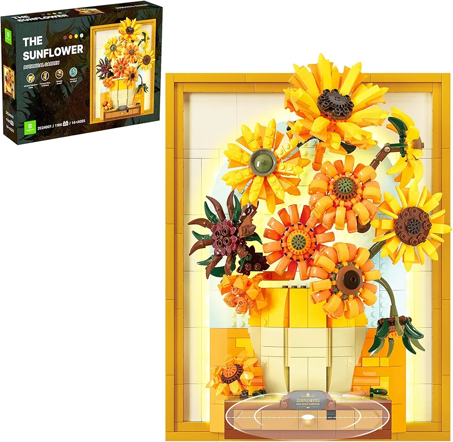 Flowers Building Set Sunflower with Lights Van Gogh Wall Art Crafts for Adults, Botanical Collection Toy Building Blocks Sun Flowers Painting Frame for Office Home Table Decor -1166pcs