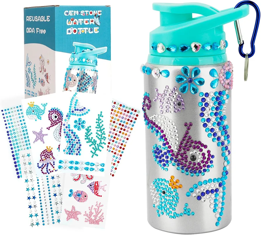 Decorate Your Own Water Bottle Kits for Girls Age 4 5 6 7 8 9 10-12 Year Old Girl Gifts, Mermaid Gem Diamond Painting Crafts, DIY Arts and Crafts Gifts Toys for Girls Birthday Christmas Halloween