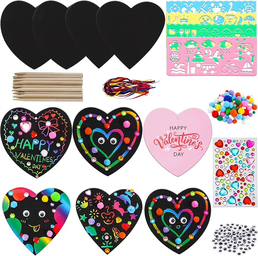 Whaline 28 Sets Magic Color Scratch Paper Heart Ornaments Valentine Double-Sided Heart Shape Rainbow Scratch Cards with Pompoms Wiggle Eyes Stickers for Kids Valentine Art Project Party Favor