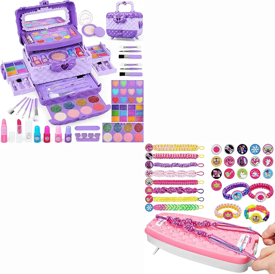 Kids Makeup Kit for Girls, Real Washable Pretend Play Cosmetic Set Toys,Friendship Bracelet Making Kit for Girls,DIY Arts and Crafts Toys