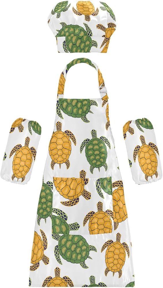 Green Gold Turtles Kids Apron And Chef Hat Set for Boys Girls Cooking Adjustable Aprons Toddler Child Apron with Pocket Waterproof Art Chef Gardening Apron for Crafting Baking Painting