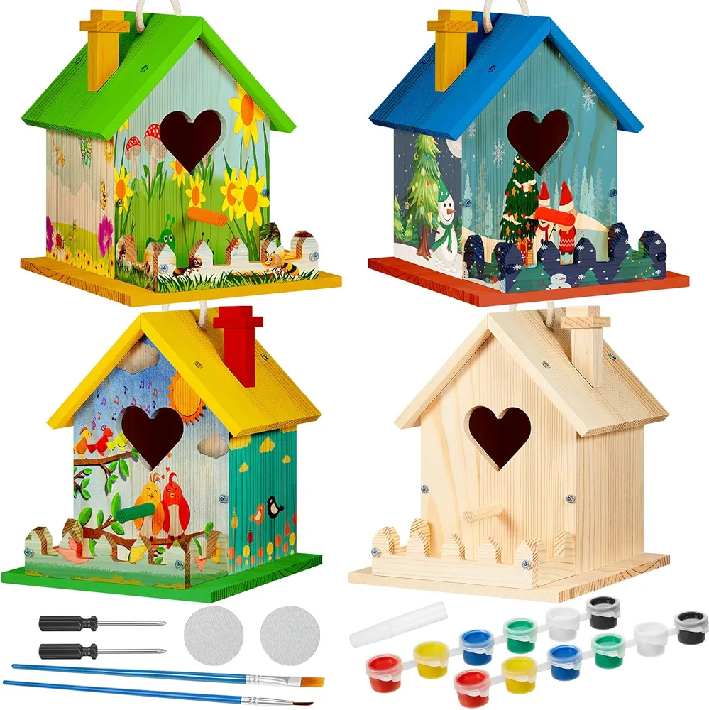 Juexica 4 Pack Birdhouse Kit DIY Wooden Bird House with Paint and Paintbrushes Art and Craft Painting Kits for Boys Girls Adults Build Paint Fun Classroom Birthday Indoor Outdoor Craft (Cute)