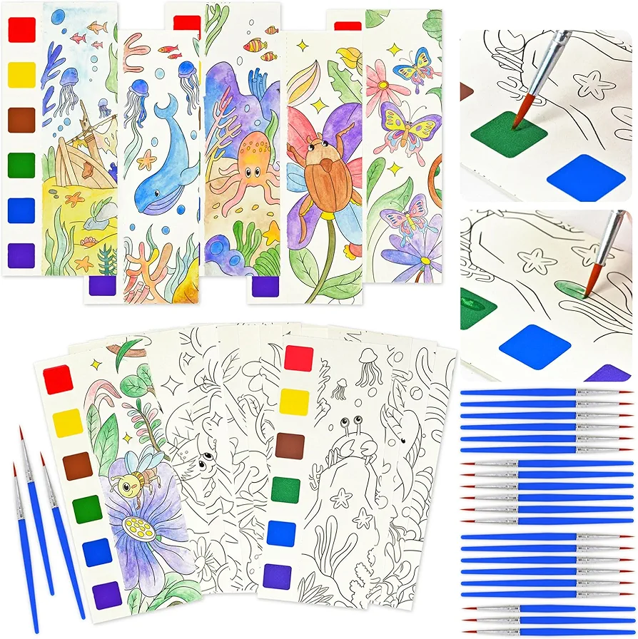 Vileafy Painting Kit for Kids Ages 4-8 Years Old, Paint Party Favors -Paint with Water Books for Toddlers -24PCS Pocket Watercolor Painting Bookmarks(24 Cards+24 Brushes)