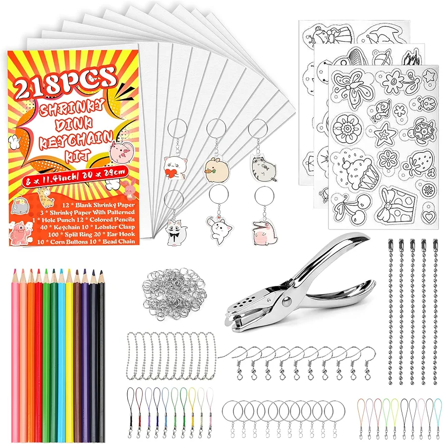 218PCS Shrinky Dink Keychain Kit with 12PCS Shrinky Dink Sheets,3PCS Shrinky Dink Paper with Pattern,Colored Pencils,Hole Punch,Keychains,Buckle Chains for Kids Creative Craft Marking,DIY Jewelry