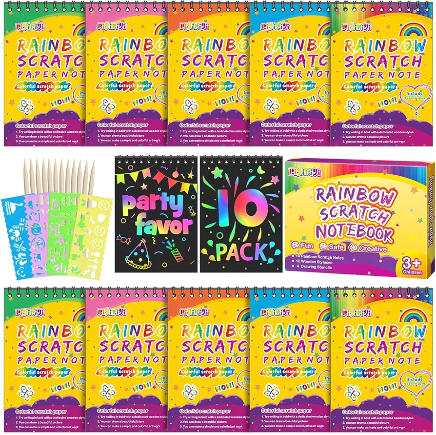 pigipigi Rainbow Art Craft Notebook: 10 Pack Scratch Paper Coloring Book for Kids Party Favors Age 3-12 Boys Girls Art Supplies Birthday Christmas Easter Toy Gift Activity Kit
